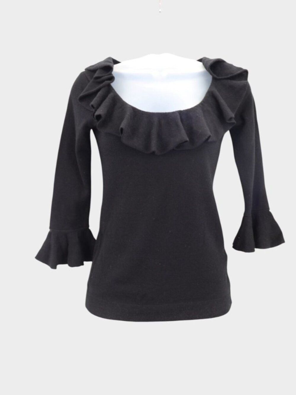 Ralph Lauren 100% Cashmere Black Ruffle Neck Bell Sleeve Sweater Size XS